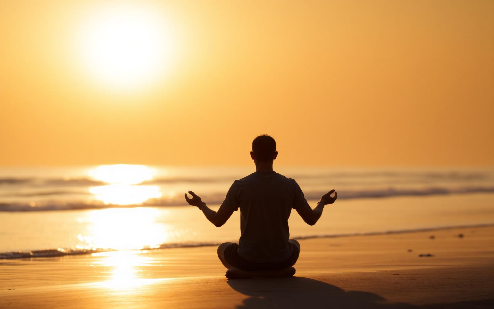 Persona meditando al amanecer junto al mar
